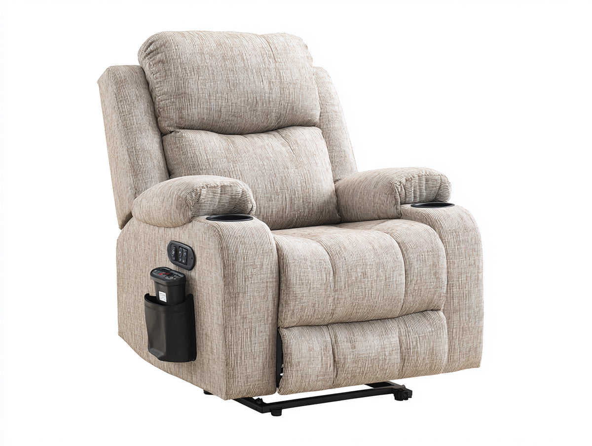 Liegesessel Stoff und Metall 90x96x108 cm - Beige - Gepolsterter Relaxsessel mit Fußstütze 2 Getränkehaltern und Seitentasche