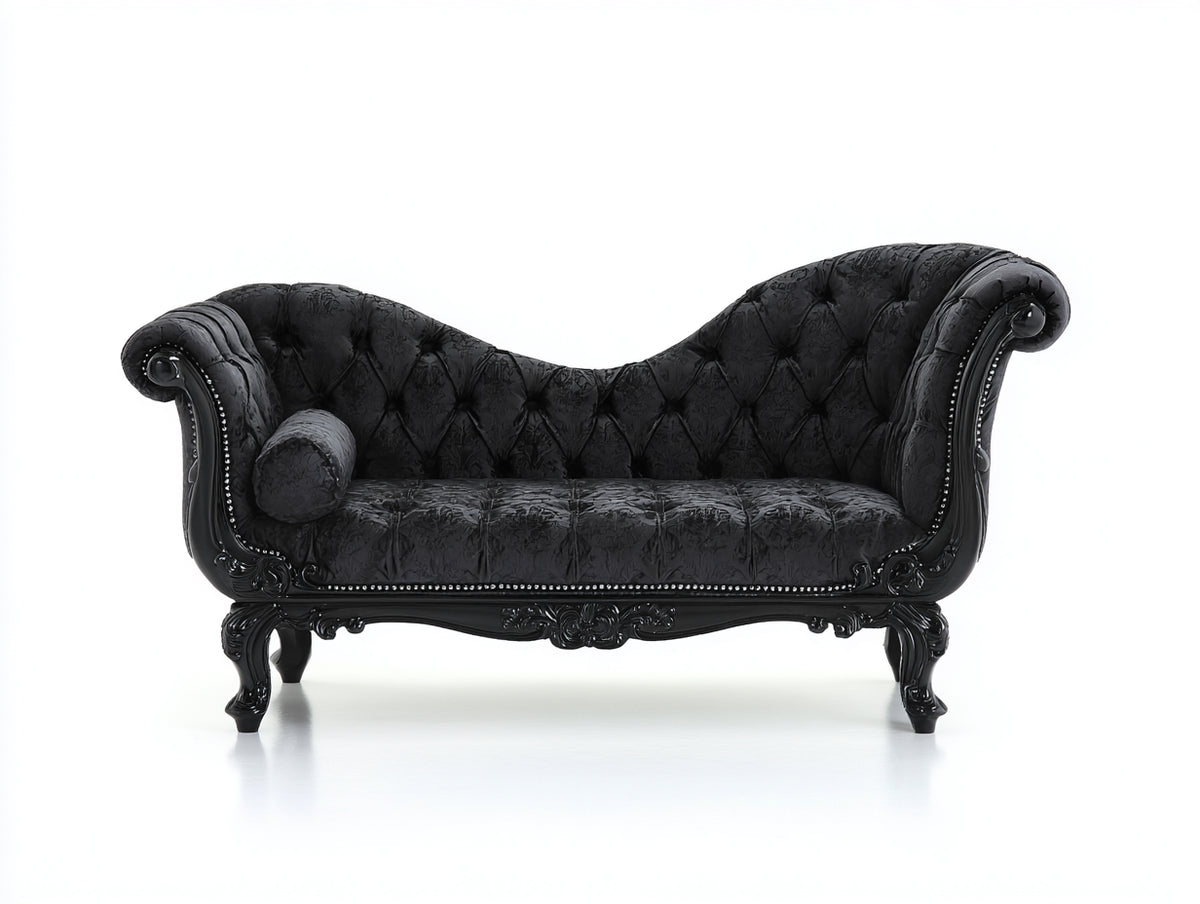 Chaiselongues Samt und Holz 185x75x95 cm - Schwarz - Gepolsterte Chaiselongue mit Knopfheftung im klassischen Stil