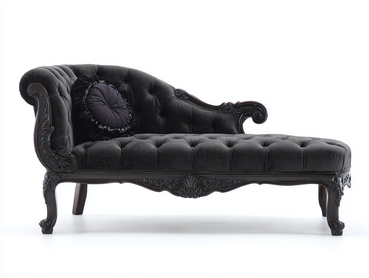Chaiselongues gepolstert 185x80x95 cm - Schwarz - Chesterfield Steppung mit geschnitztem Holzrahmen