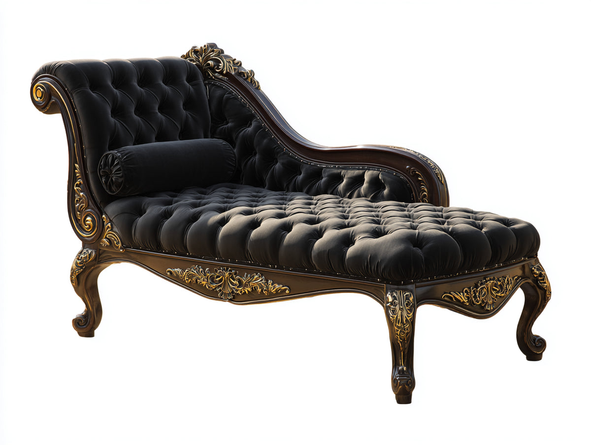 Chaiselongues Samt und Holz 180x80x105 cm - Schwarz Dunkelbraun - Gepolsterte Chaiselongue mit Knopfheftung und Zierornamenten