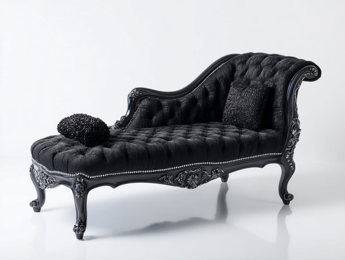 Chaiselongues Samt 190x82x98 cm Schwarz - Knopfheftung und Zierrahmen - klassischer Relaxsitz