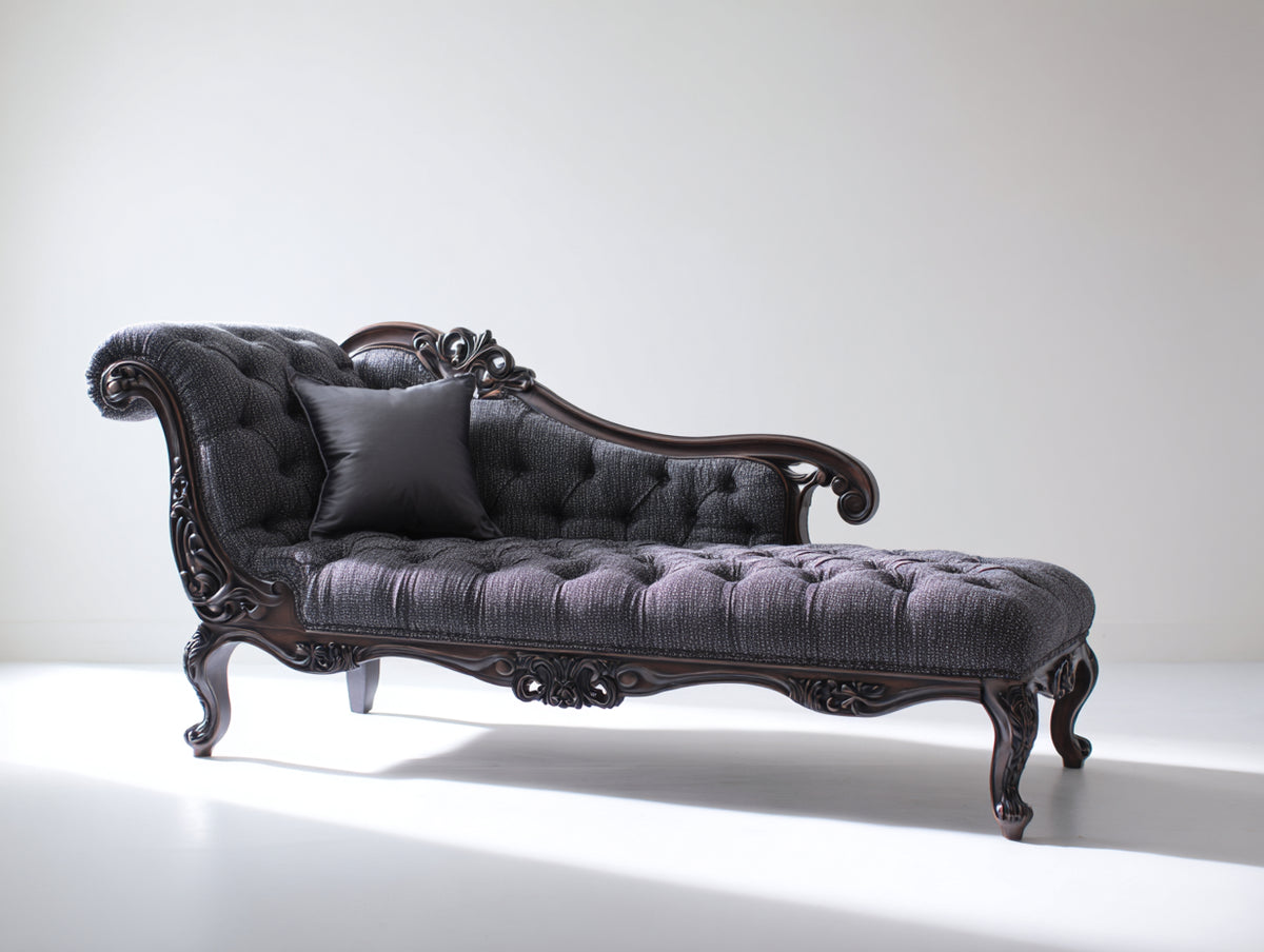 Chaiselongues Stoff 195x80x95 cm Schwarz-Dunkelbraun - Knopfheftung und Zierrahmen - klassischer Relaxsitz