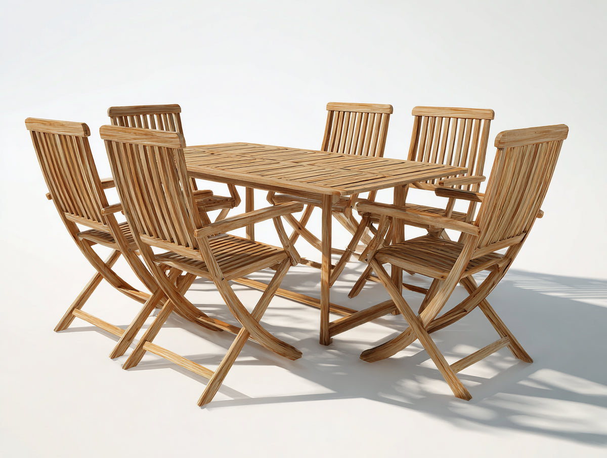 Garten Essgarnituren 7-teilig 180x90x75 cm - Natur - rechteckiger Gartentisch mit 6 Klappstühlen