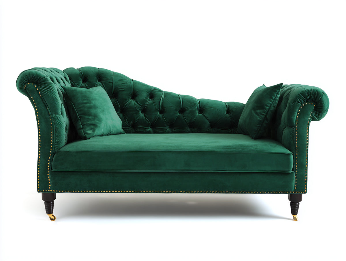 Chaiselongues - Gepolstert mit Samtoptik 180 x 80 x 88 cm - Dunkelgrün mit Knopfheftung und goldfarbenen Ziernieten