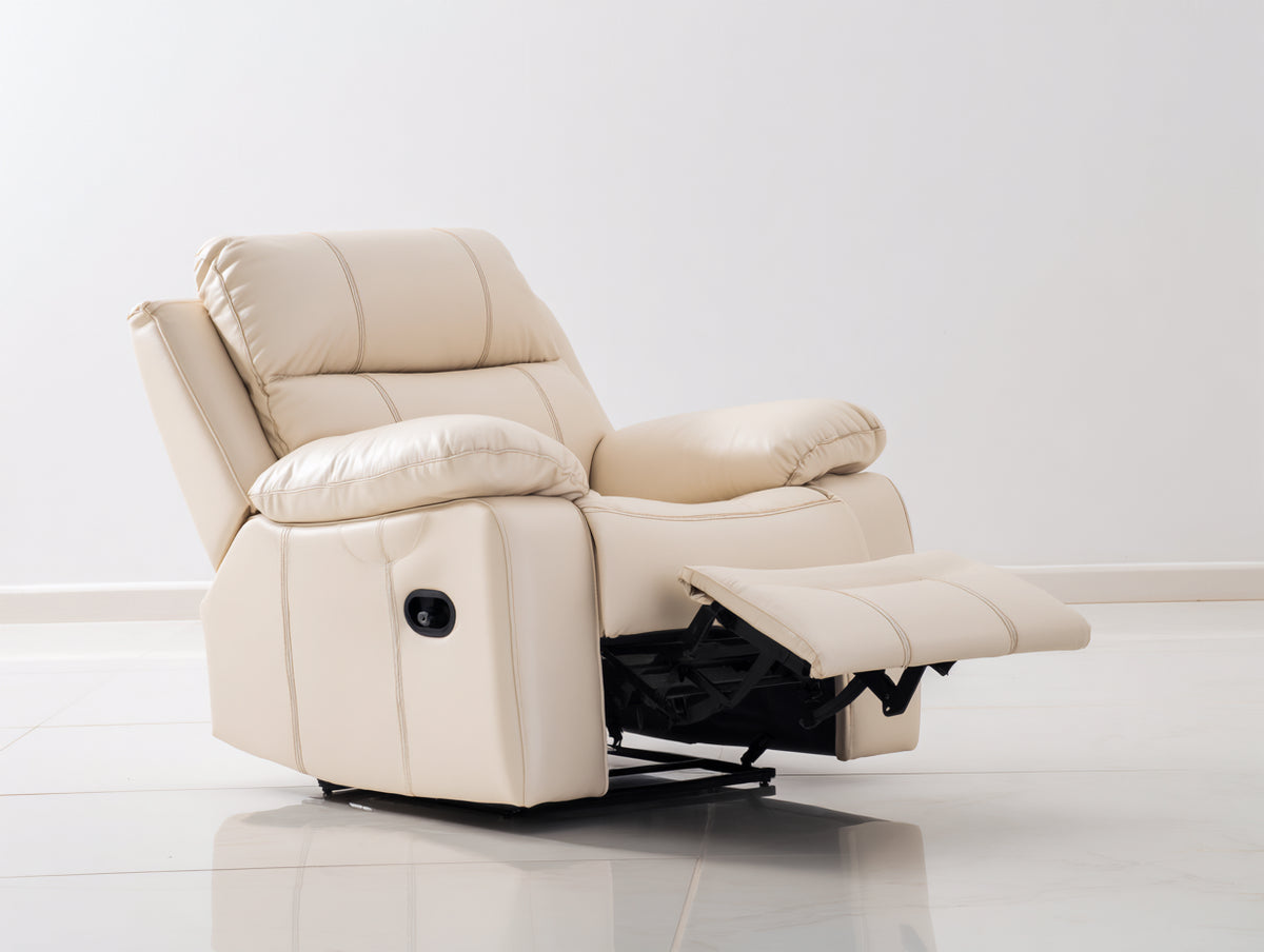 Liegesessel - Gepolstert in Lederoptik 95 x 92 x 105 cm - Cremeweiß mit ausklappbarer Fußstütze und Relaxfunktion