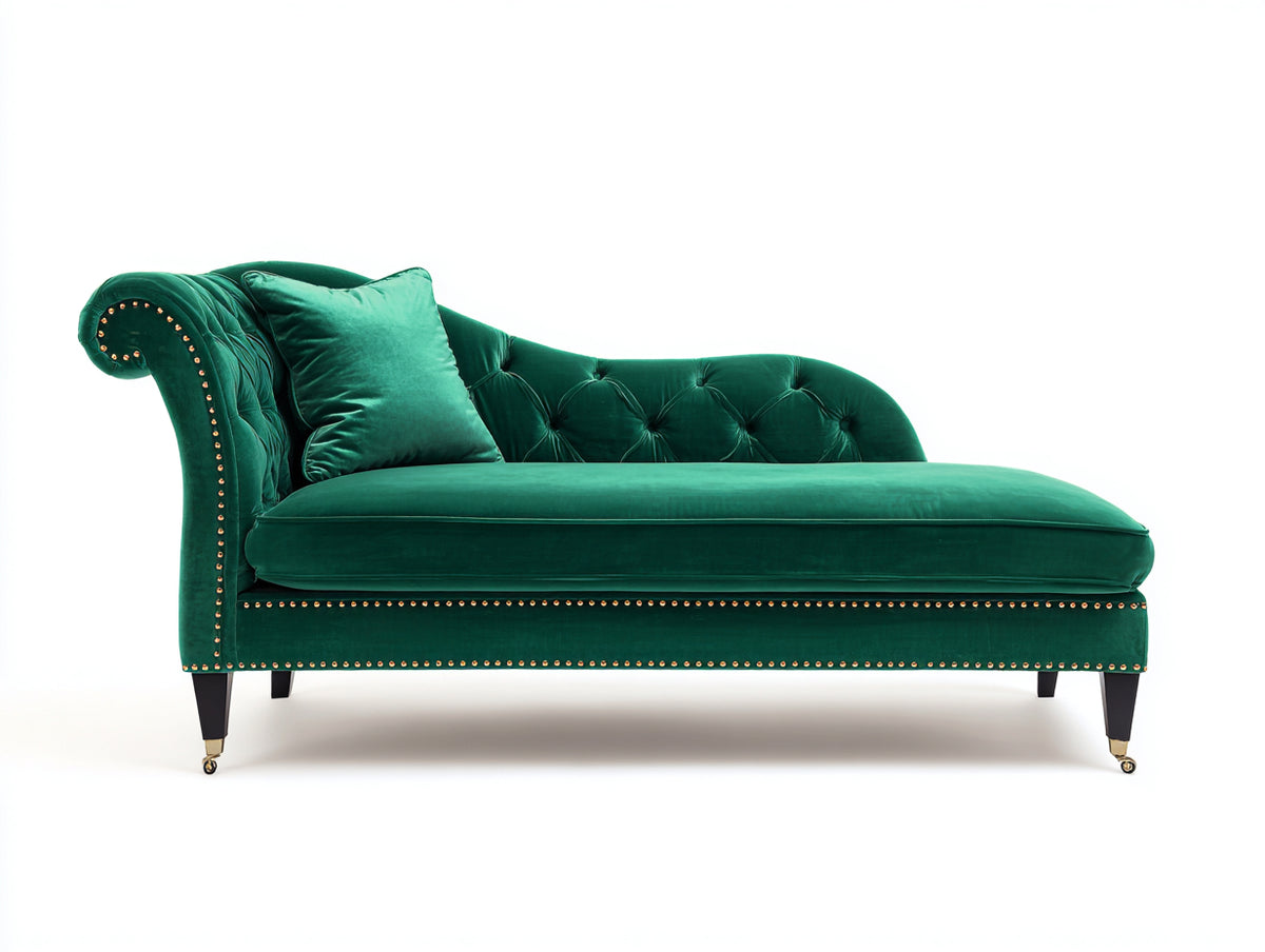 Chaiselongues Samt gepolstert 185x82x90 cm - Smaragdgrün Gold - Chesterfield Design mit Ziernägeln