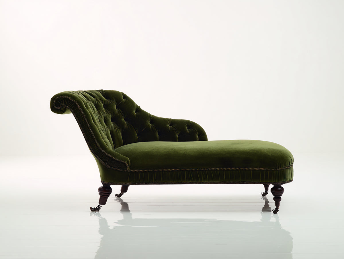 Chaiselongues Samt 185x78x92 cm Dunkelgrün-Dunkelbraun - Knopfheftung - klassischer Relaxsitz